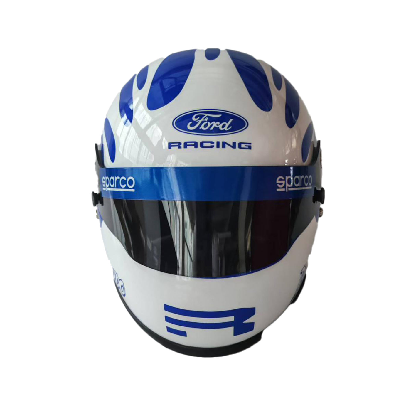 White SPARCO FORD racing helmet with blue accents and Ford Racing logo on a white background