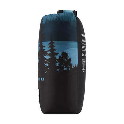 Black dry bag with blue forest design on a white background