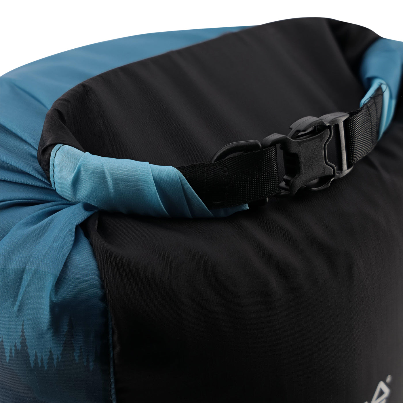 Close-up of a black strap with a buckle on a blue and black bag.