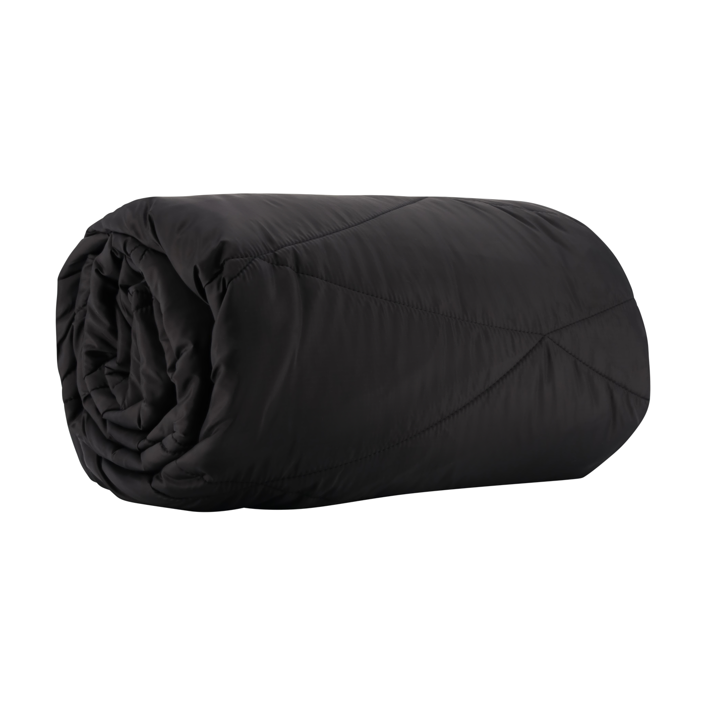 Rolled-up black sleeping bag on a white background