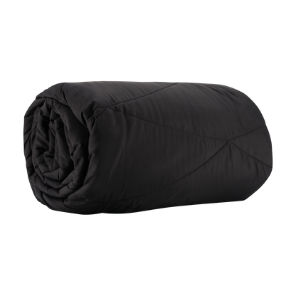 Rolled-up black sleeping bag on a white background