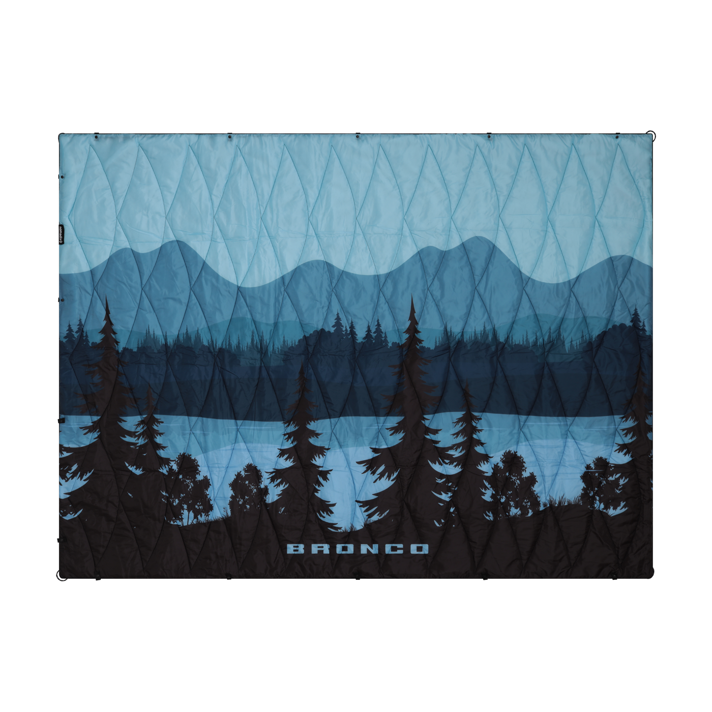 Blue and black patterned puffer blanket with mountain and tree design, featuring the brand 'Bronco'.