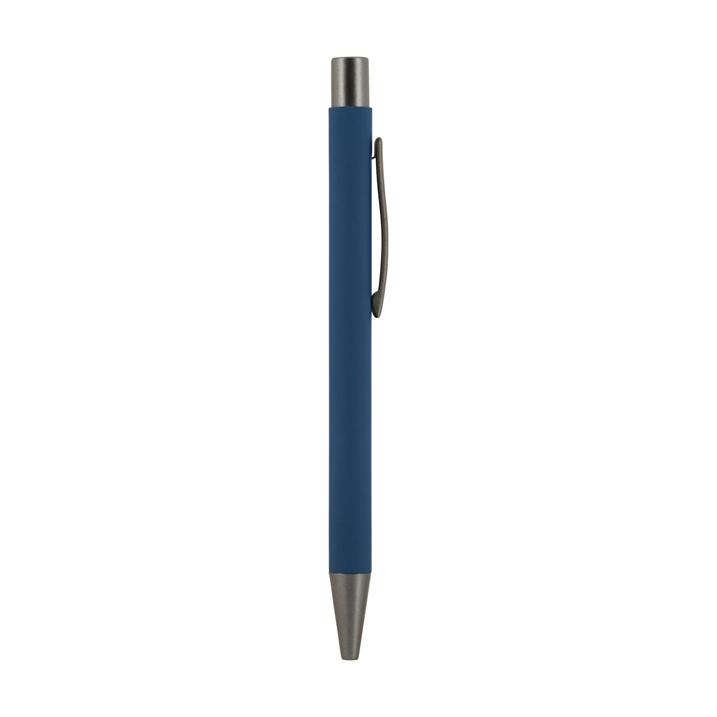 Blue pen with a metallic clip on a white background
