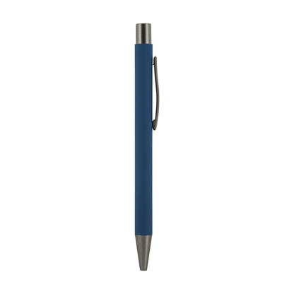 Blue pen with a metallic clip on a white background