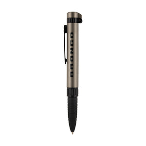 Metallic pen with 'Bronco' branding on a white background