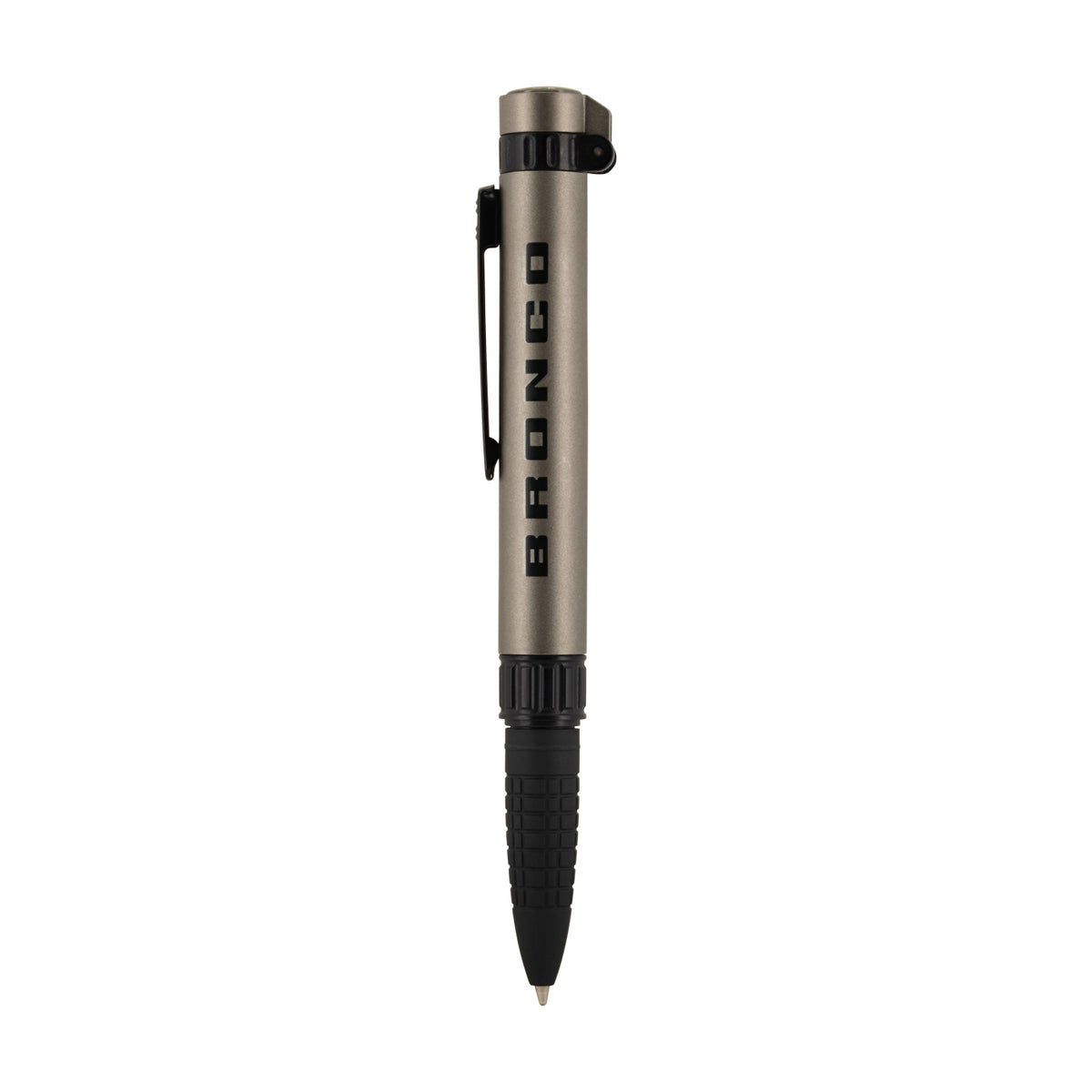 Metallic pen with 'Bronco' branding on a white background