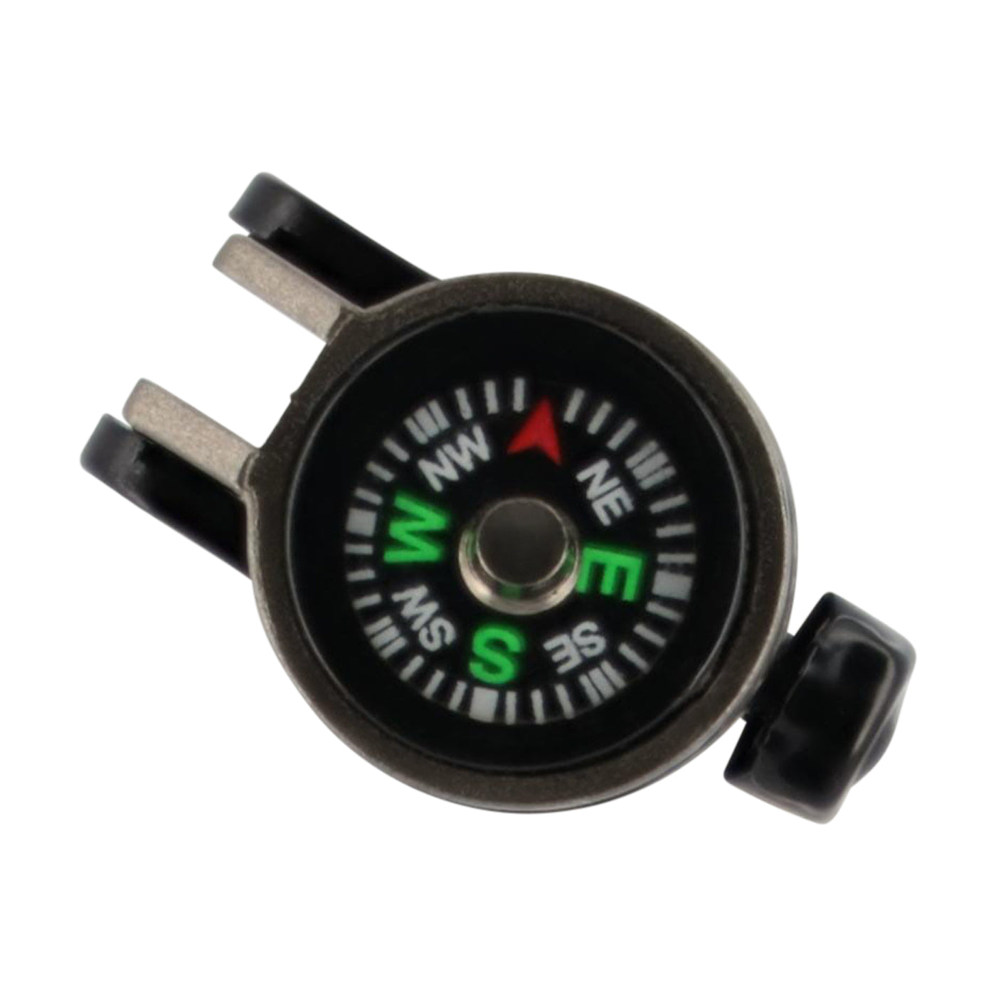 Compass with black casing and green and white markings on a white background