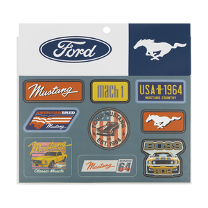 Collection of Ford Mustang-themed stickers on a branded sheet with Ford logo.