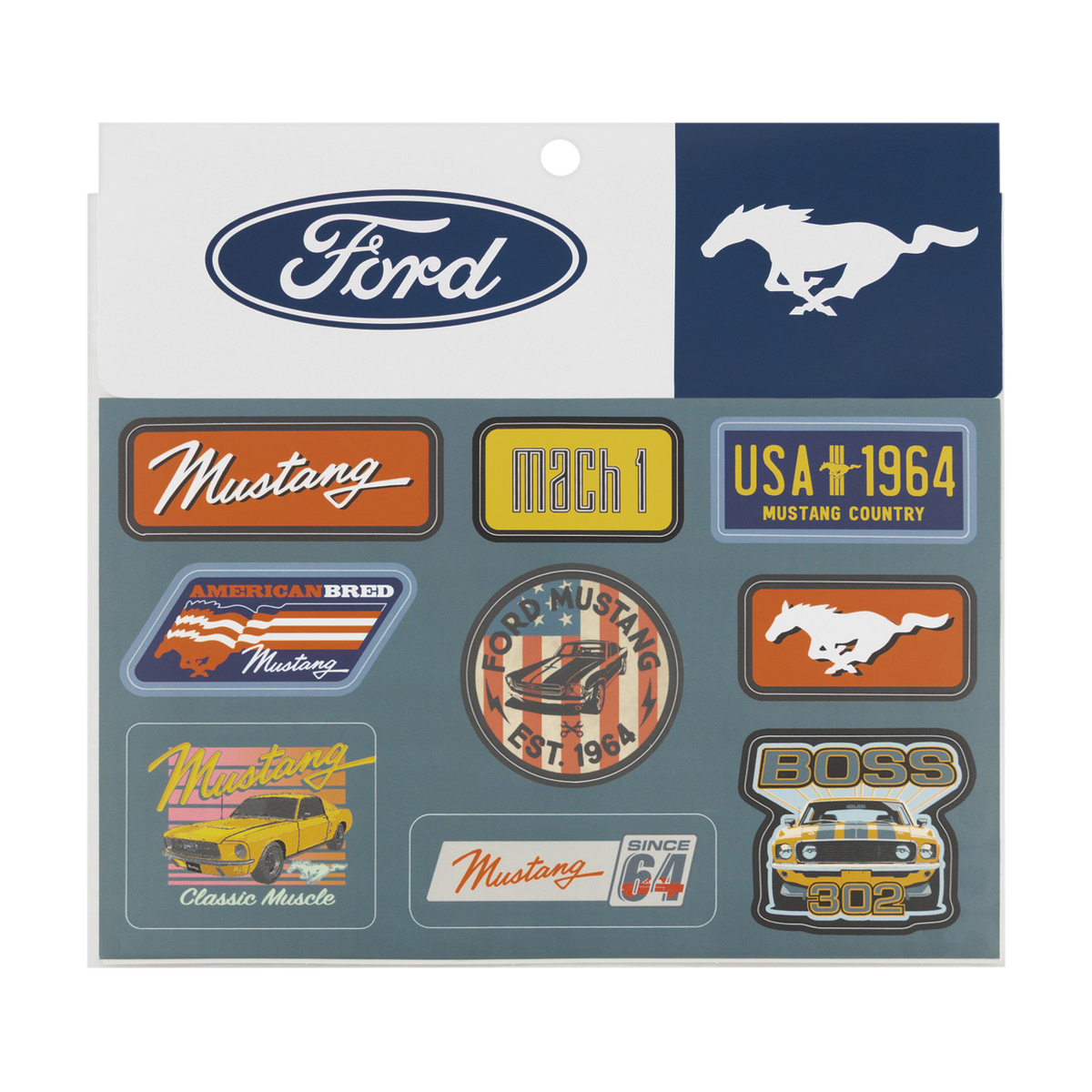 Collection of Ford Mustang-themed stickers on a branded sheet with Ford logo.