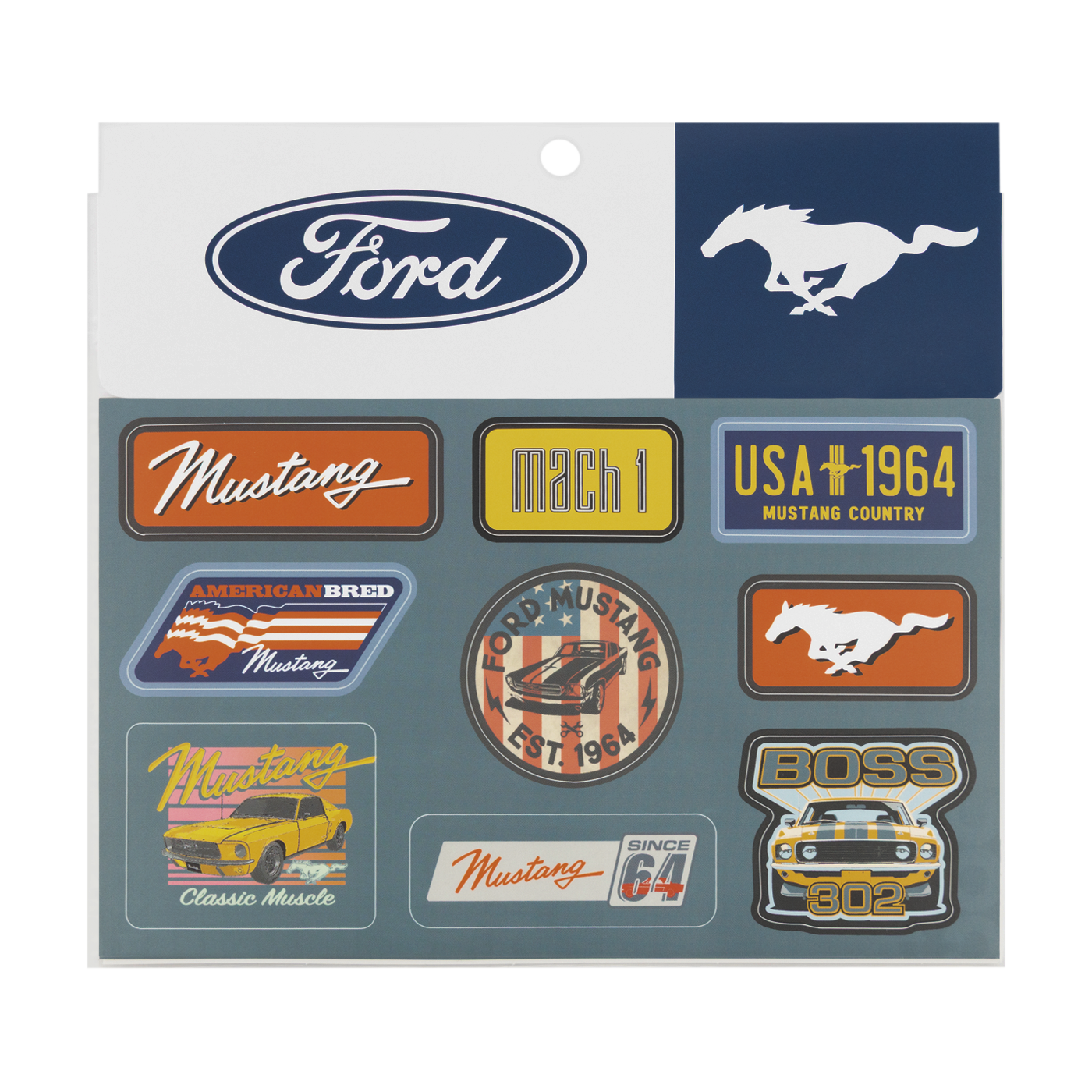 Collection of Ford Mustang-themed stickers on a branded sheet with Ford logo.