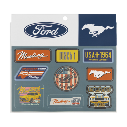 Collection of Ford Mustang-themed stickers on a branded sheet with Ford logo.