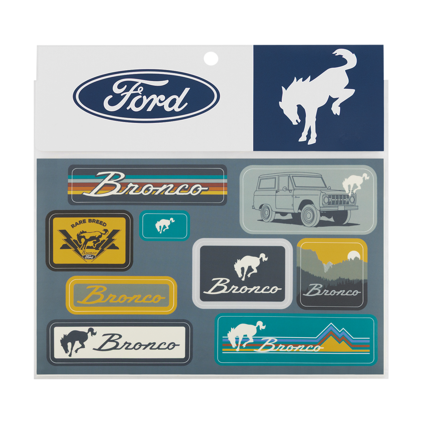 Collection of Ford Bronco stickers on a branded sheet with Ford logo.