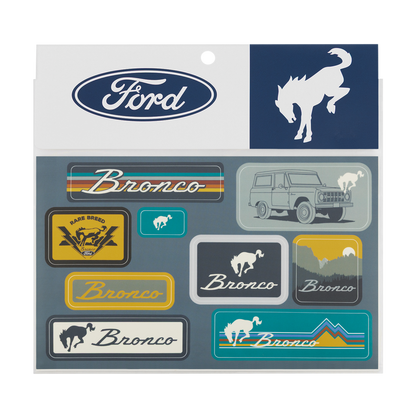 Collection of Ford Bronco stickers on a branded sheet with Ford logo.