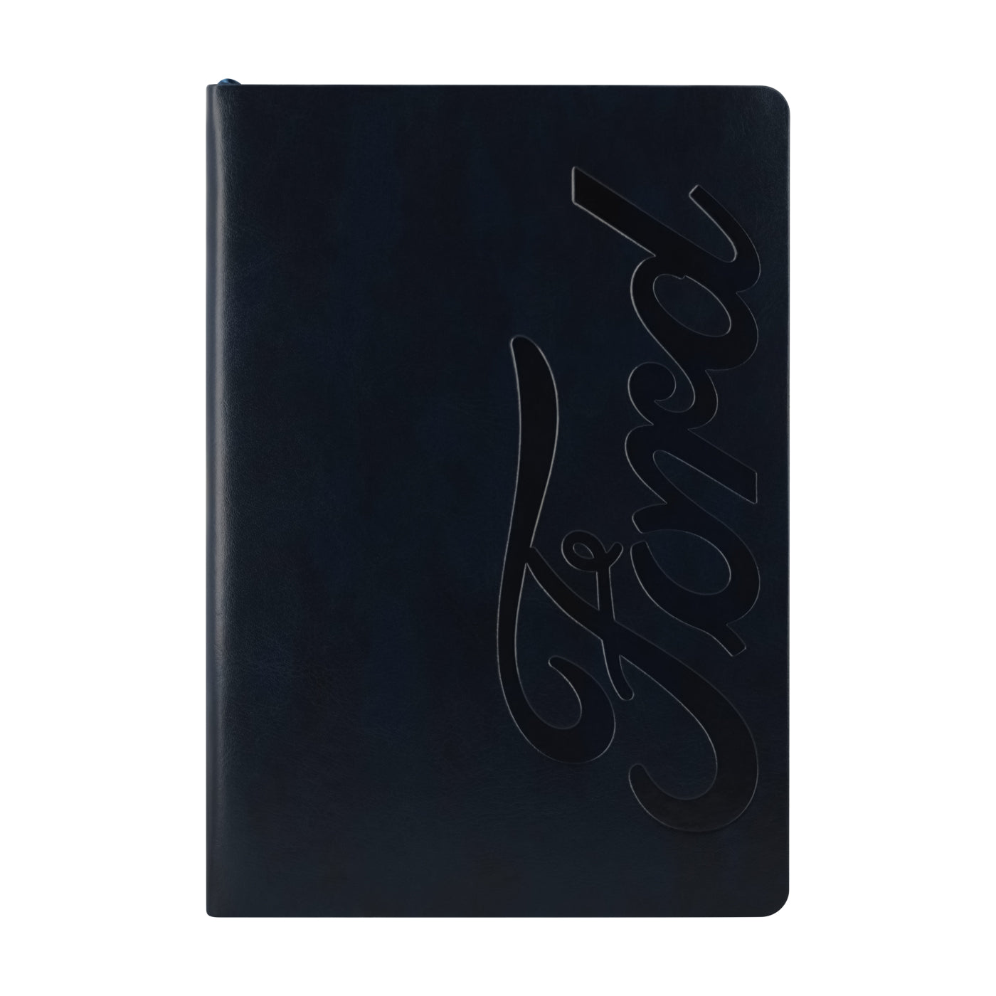 navy blue notebook with embossed Ford script logo on a white background