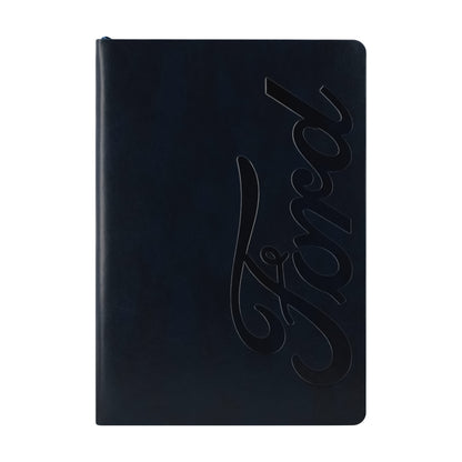 navy blue notebook with embossed Ford script logo on a white background