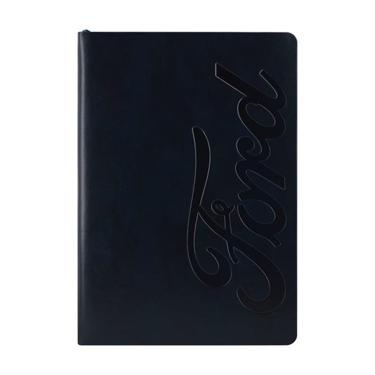 navy blue notebook with embossed Ford script logo on a white background