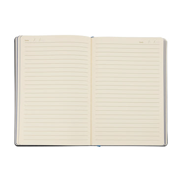 Open notebook with lined pages on a white background