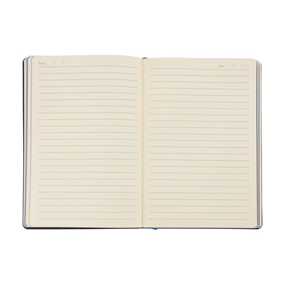 Open notebook with lined pages on a white background