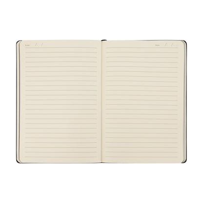 Open notebook with lined pages on a white background