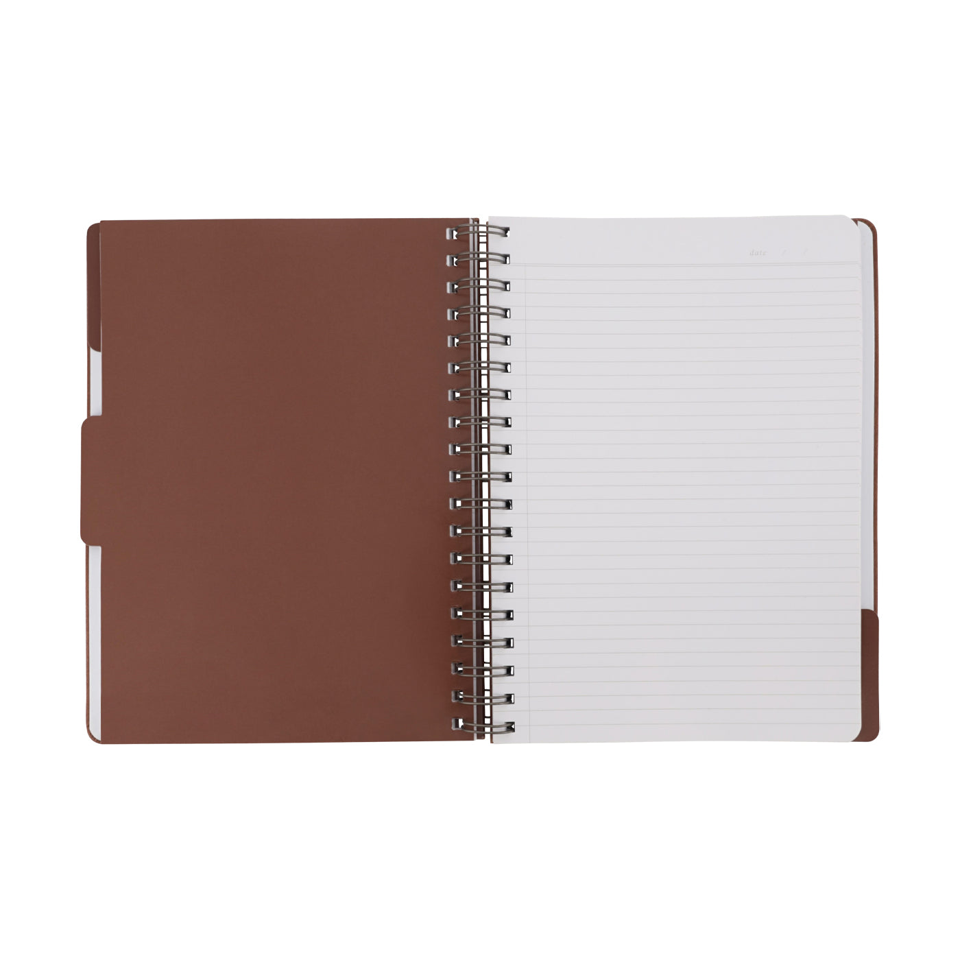 Open notebook with brown cover and white pages on a white background