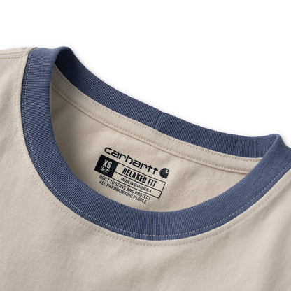 Close-up of a Carhartt t-shirt collar showing a navy blue ribbed ringer trim and a beige inner neck label with the Carhartt logo.