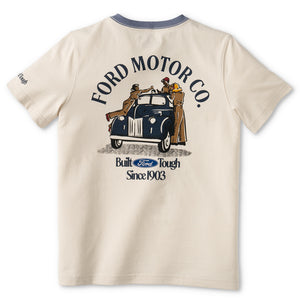 A cream-colored short-sleeve t-shirt with a blue ribbed collar, featuring a large graphic print on the back. The graphic displays 'FORD MOTOR CO.