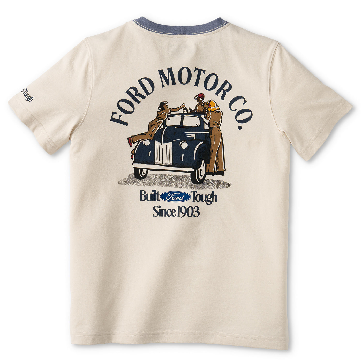 A cream-colored short-sleeve t-shirt with a blue ribbed collar, featuring a large graphic print on the back. The graphic displays 'FORD MOTOR CO.