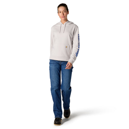 women wearing a white carhartt built ford tough hoodie