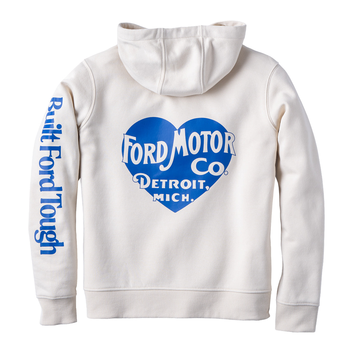An off-white hooded sweatshirt shown from the back, featuring a large blue heart-shaped 'Ford Motor Co. Detroit, Mich.