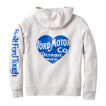 An off-white hooded sweatshirt shown from the back, featuring a large blue heart-shaped 'Ford Motor Co. Detroit, Mich.