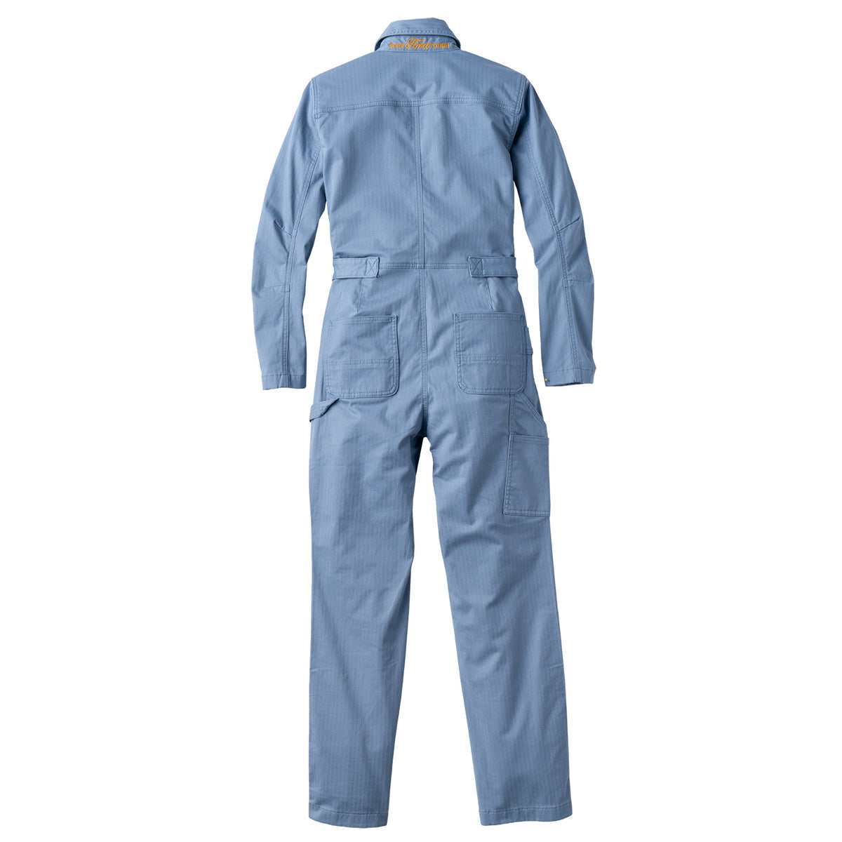 A light blue work jumpsuit shown from the back, featuring a collar, long sleeves, and large cargo-style pockets on the back, displayed against a solid white background.