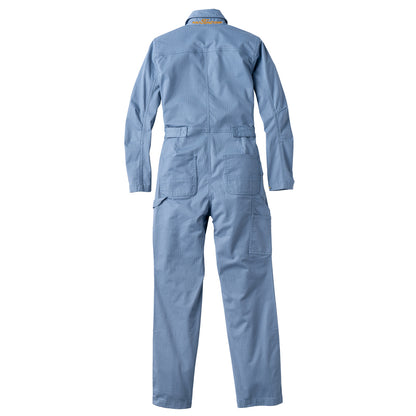 A light blue work jumpsuit shown from the back, featuring a collar, long sleeves, and large cargo-style pockets on the back, displayed against a solid white background.