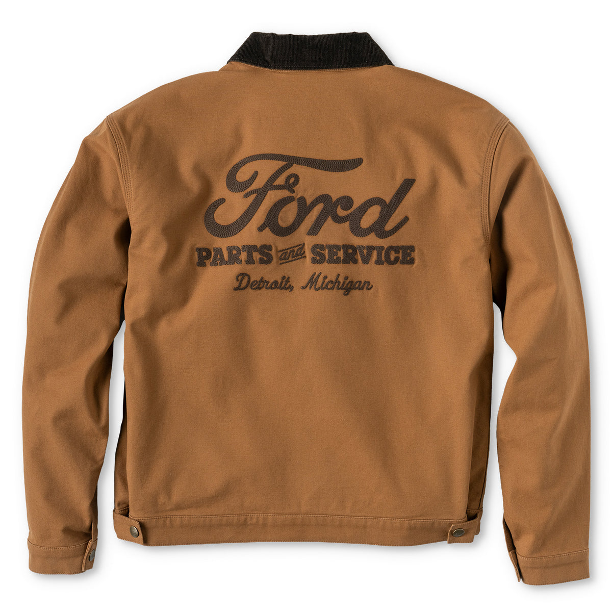 A brown canvas jacket shown from the back, featuring a black corduroy collar and a large black 'Ford Parts & Service Detroit, Michigan' graphic printed on the back.