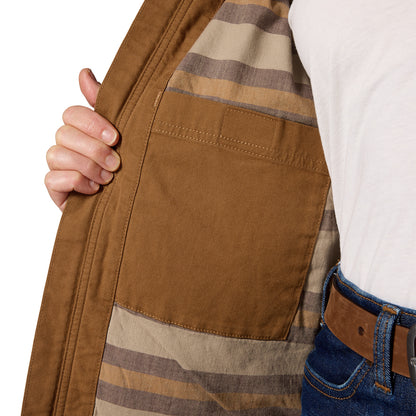 Close-up of a person wearing a brown jacket with a tan and gray plaid lining, holding the sleeve open to show the pocket interior. The person is also wearing a white shirt and blue jeans.