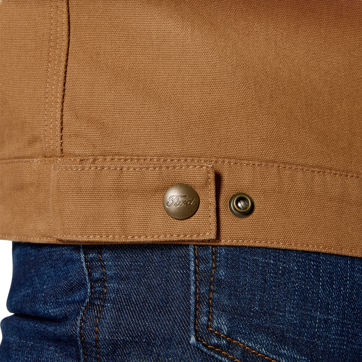 tan colored jacket with ford scripted gold snap buttons