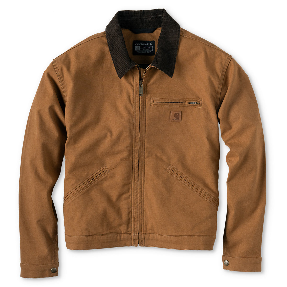 A brown Carhartt work jacket with a black corduroy collar, shown flat against a white background.