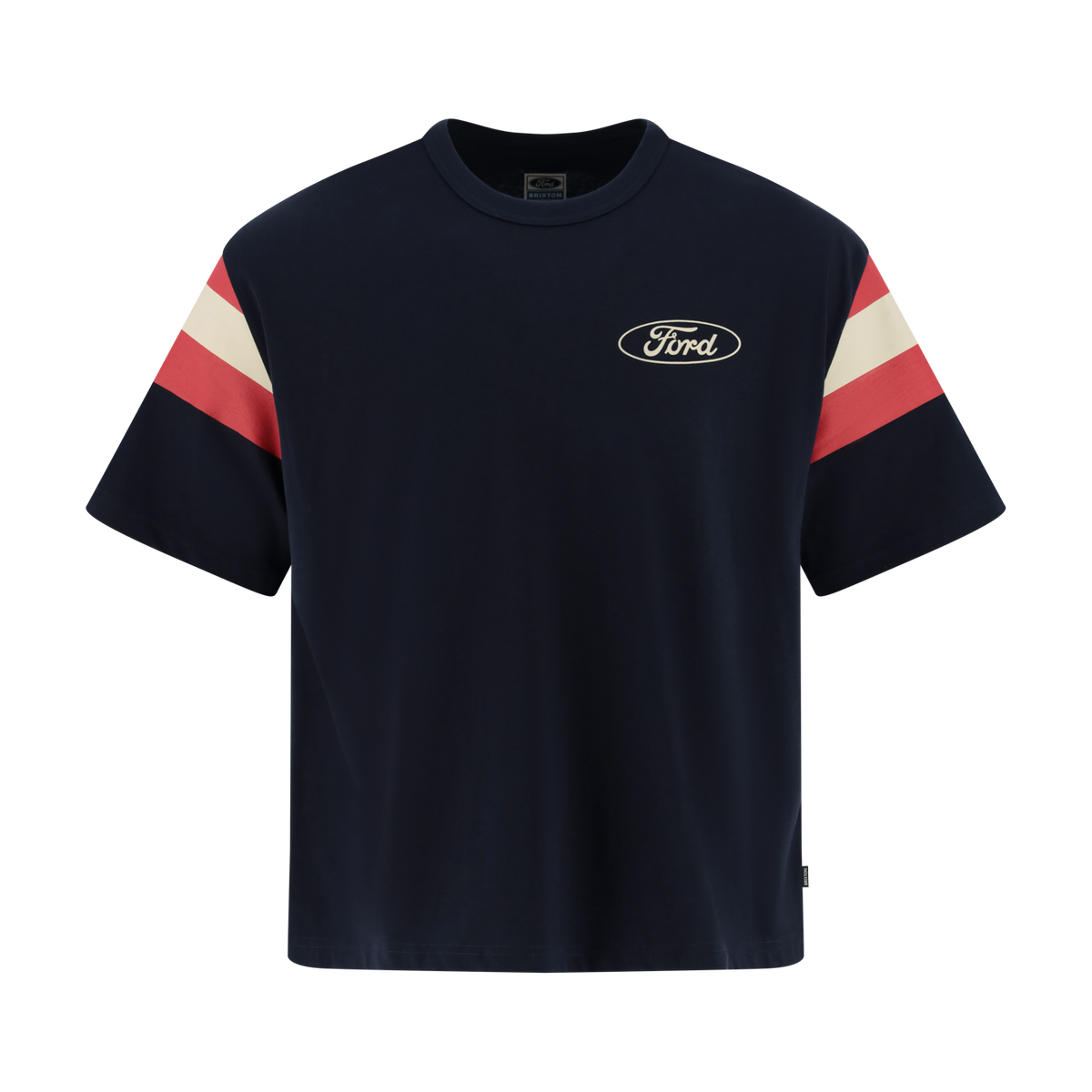Navy t-shirt with red and white striped sleeves and Ford logo on a white background
