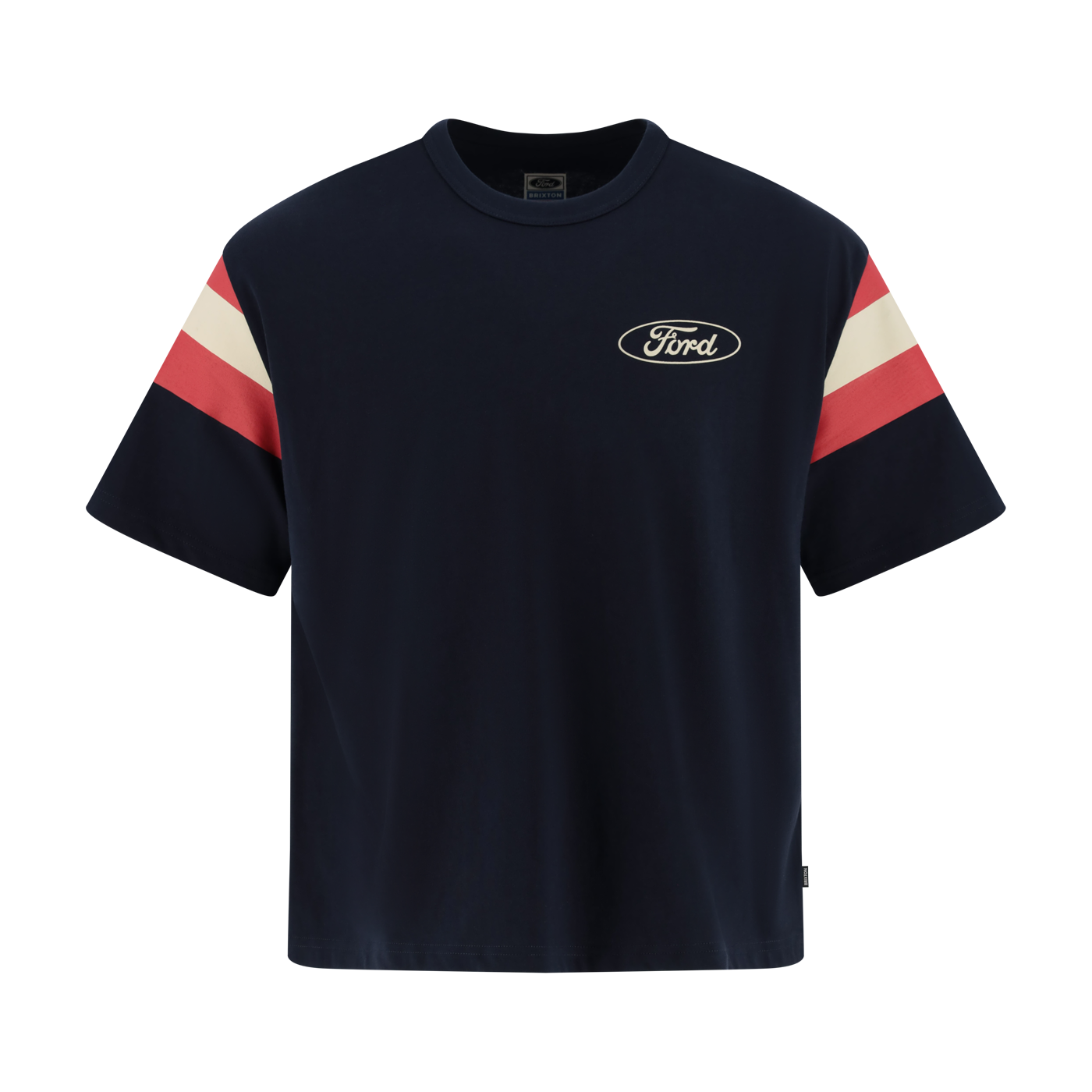 Navy t-shirt with red and white striped sleeves and Ford logo on a white background