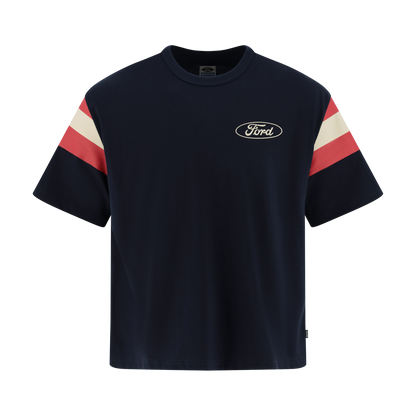 Navy t-shirt with red and white striped sleeves and Ford logo on a white background