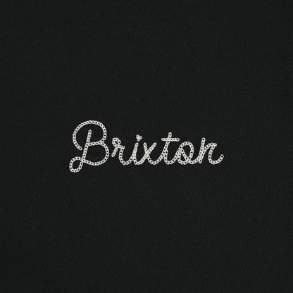 Black fabric with 'Brixton' embroidered in white