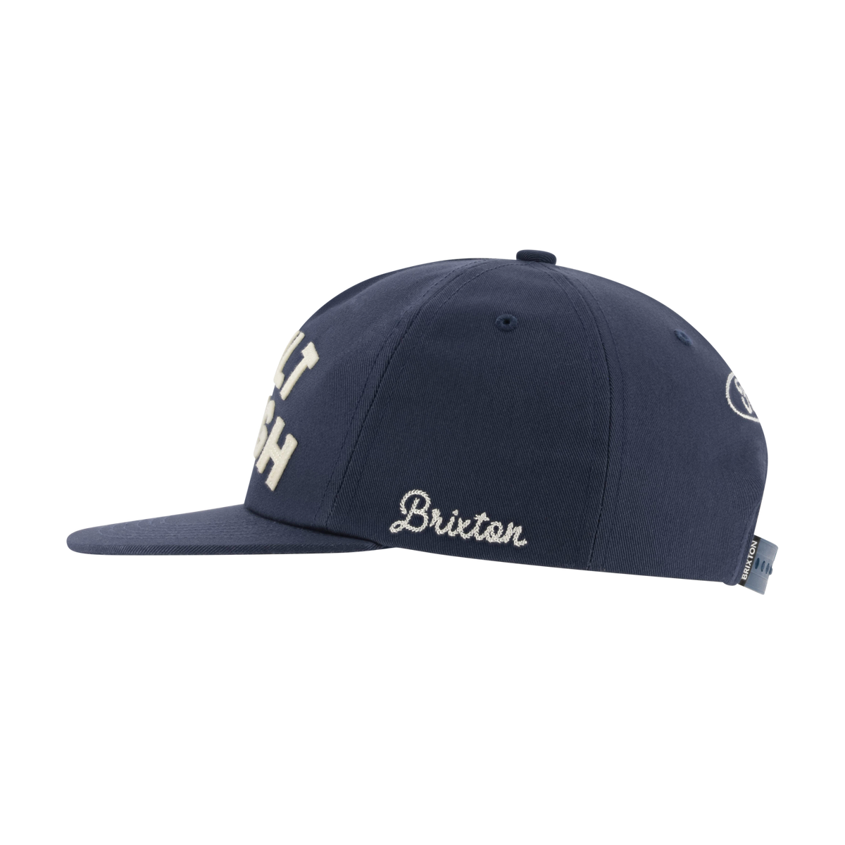 Navy blue cap with 'Brixton' logo on a white background