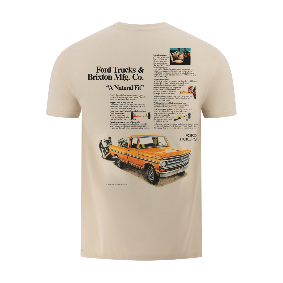 Beige t-shirt with vintage Ford truck graphic and text on a white background