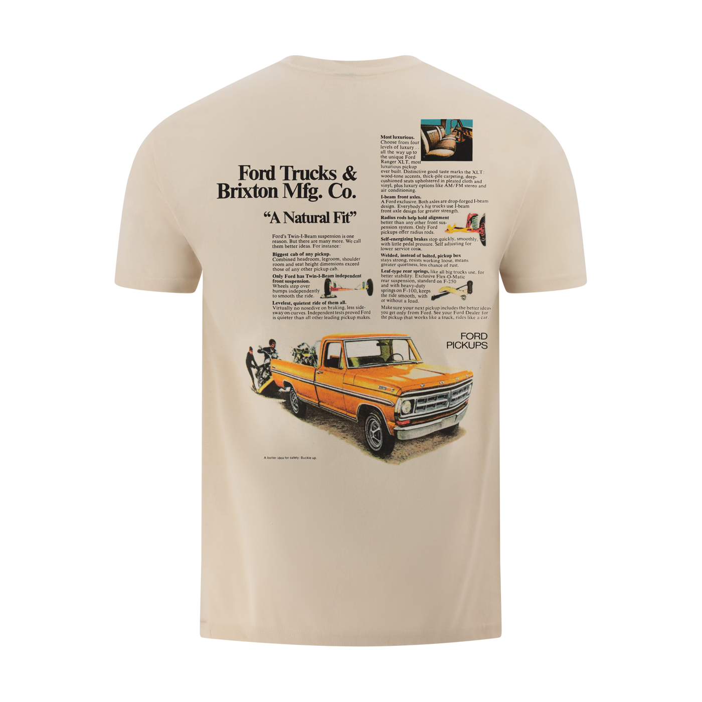 Beige t-shirt with vintage Ford truck graphic and text on a white background
