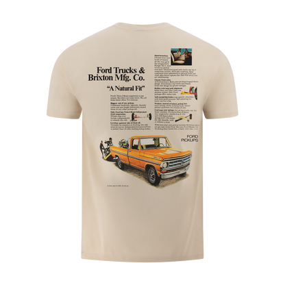 Beige t-shirt with vintage Ford truck graphic and text on a white background