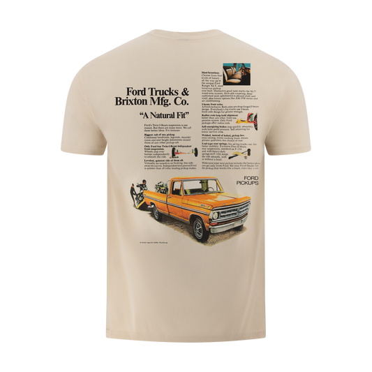 Beige t-shirt with vintage Ford truck graphic and text on a white background