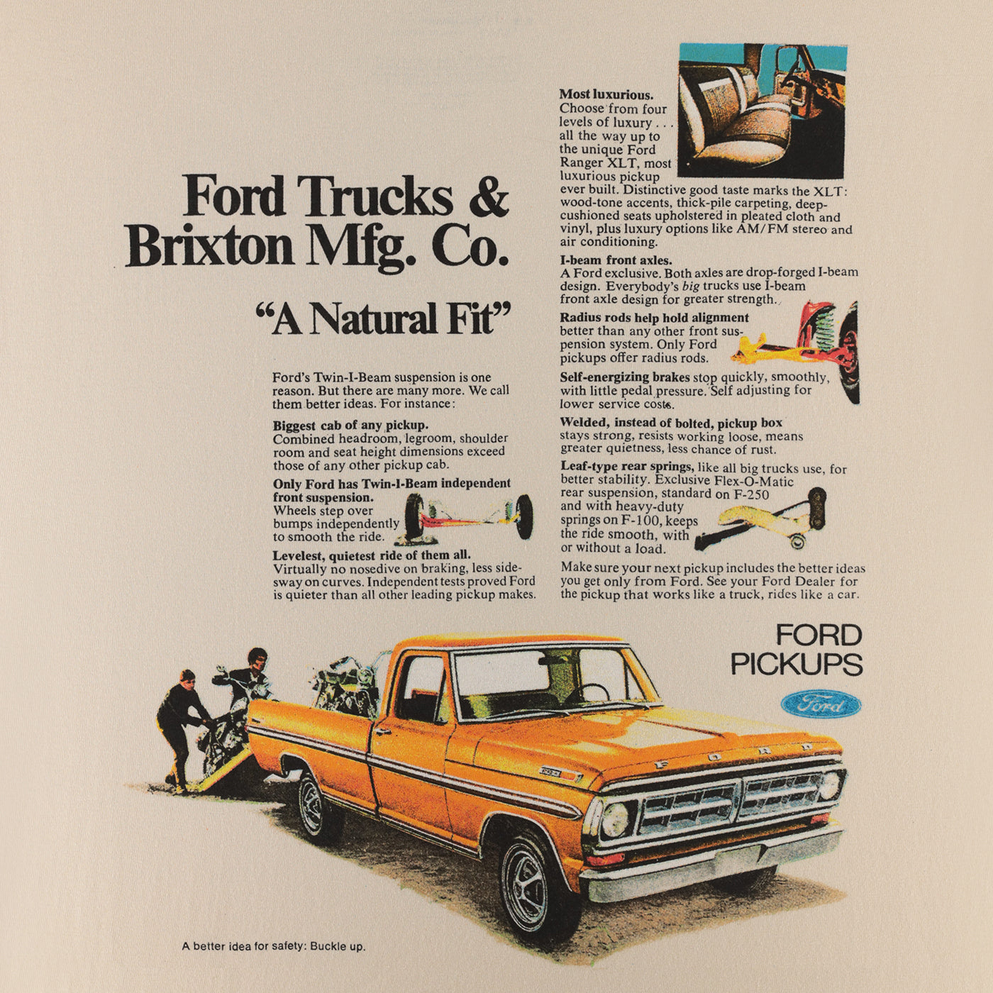 Vintage advertisement for Ford trucks featuring an orange pickup truck.