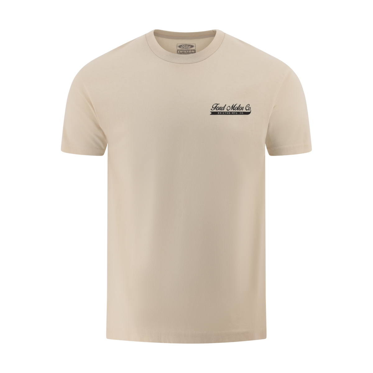Beige t-shirt with a logo on the chest against a white background