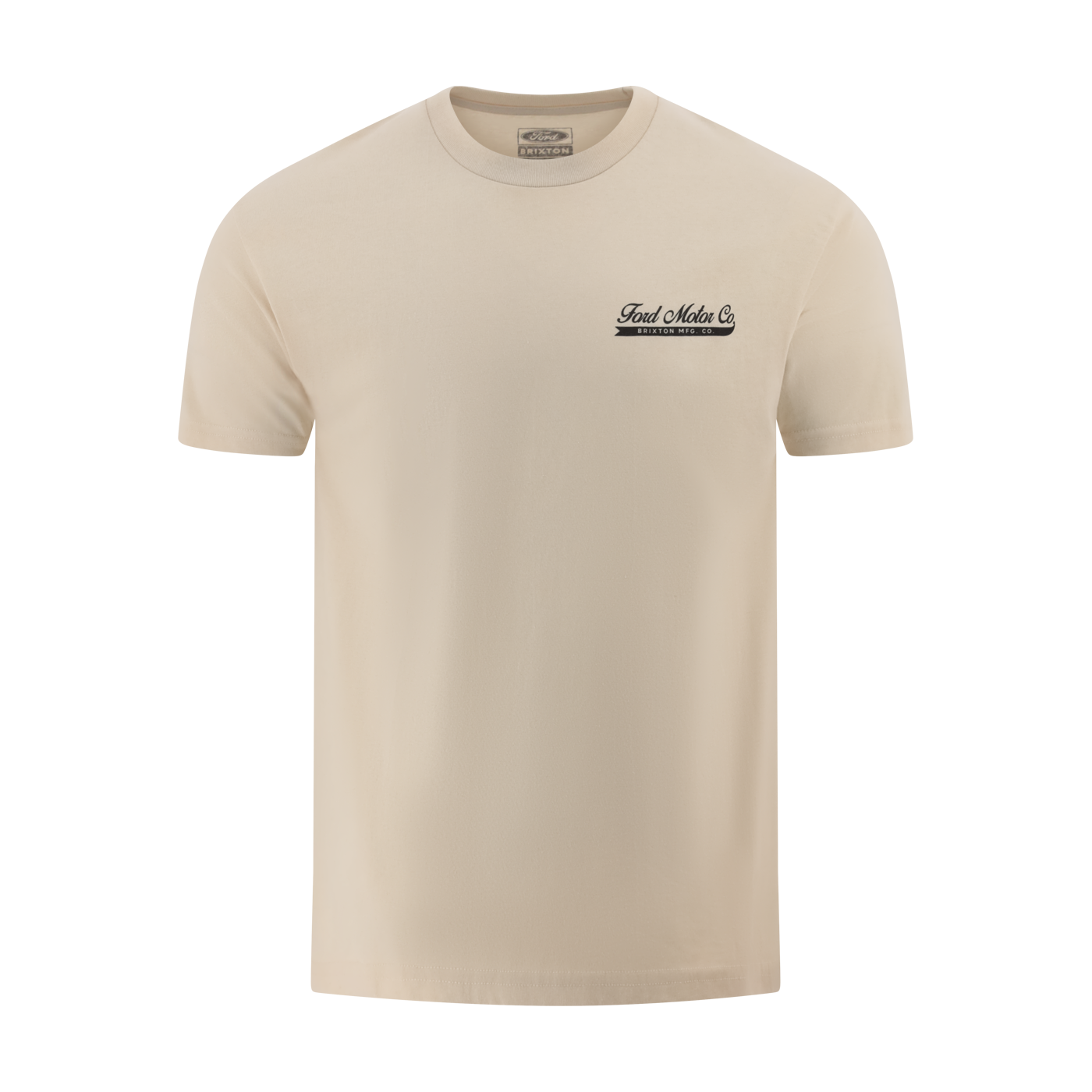 Beige t-shirt with a logo on the chest against a white background