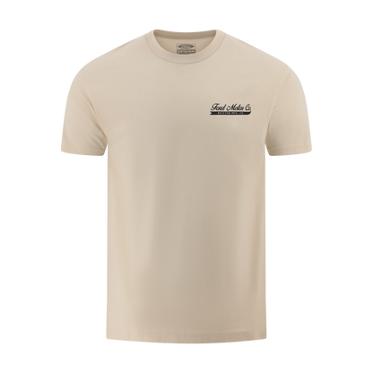 Beige t-shirt with a logo on the chest against a white background