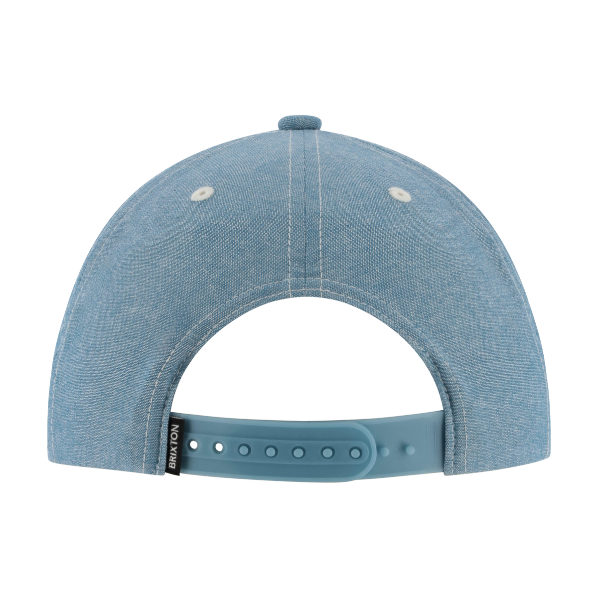 Blue denim cap with a visible brand logo on a white background